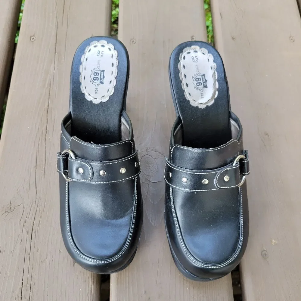 Vintage 90s y2k Bratz Black Faux Vegan Leather Chunky Heel Platform Buckle Mules